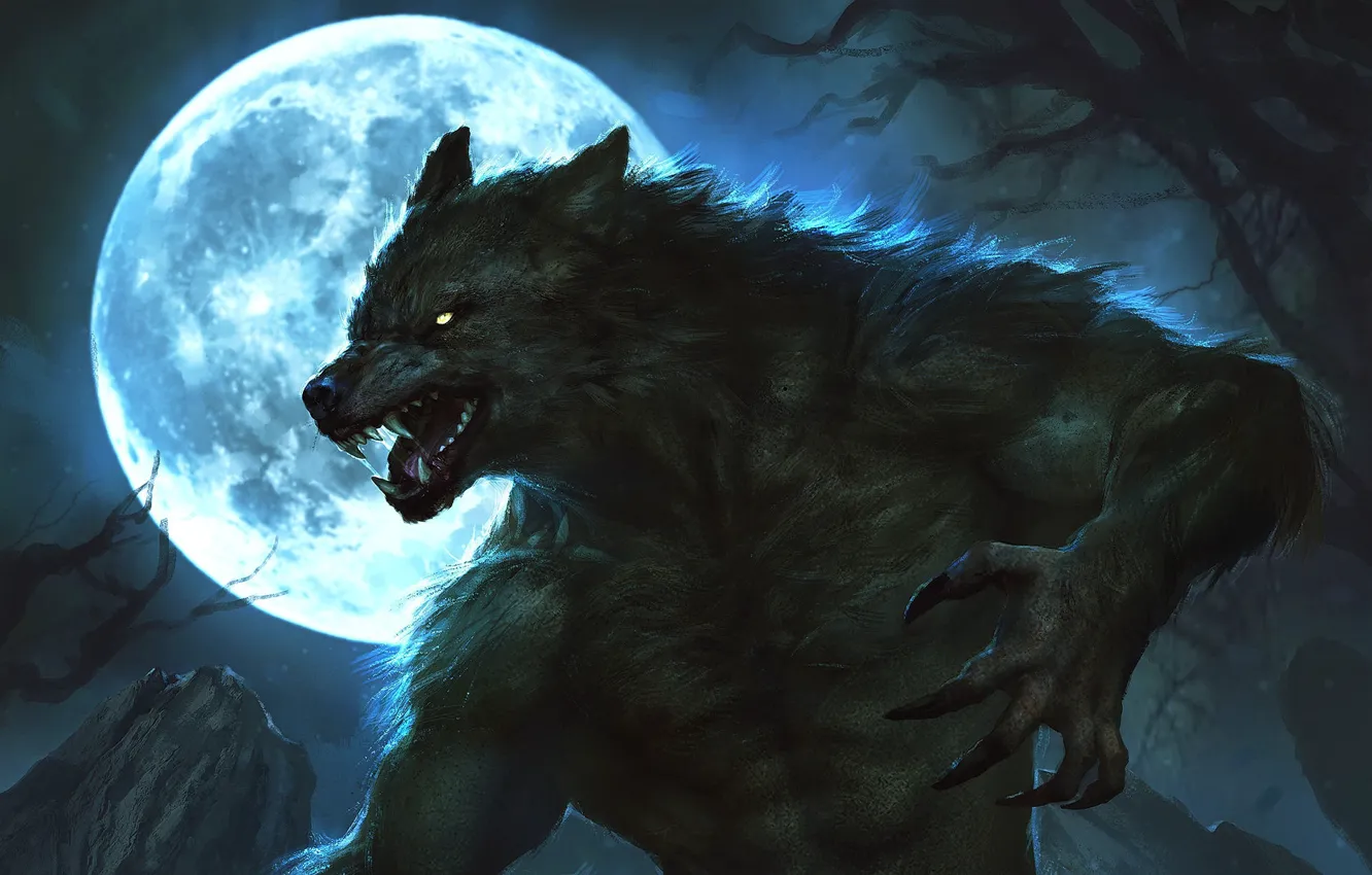 Фото обои ночь, луна, когти, moon, оборотень, ликантроп, night, wolf