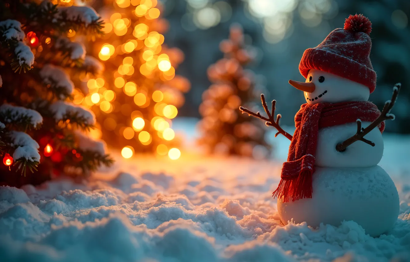 Фото обои зима, снег, Рождество, Новый год, снеговик, Christmas, winter, snow