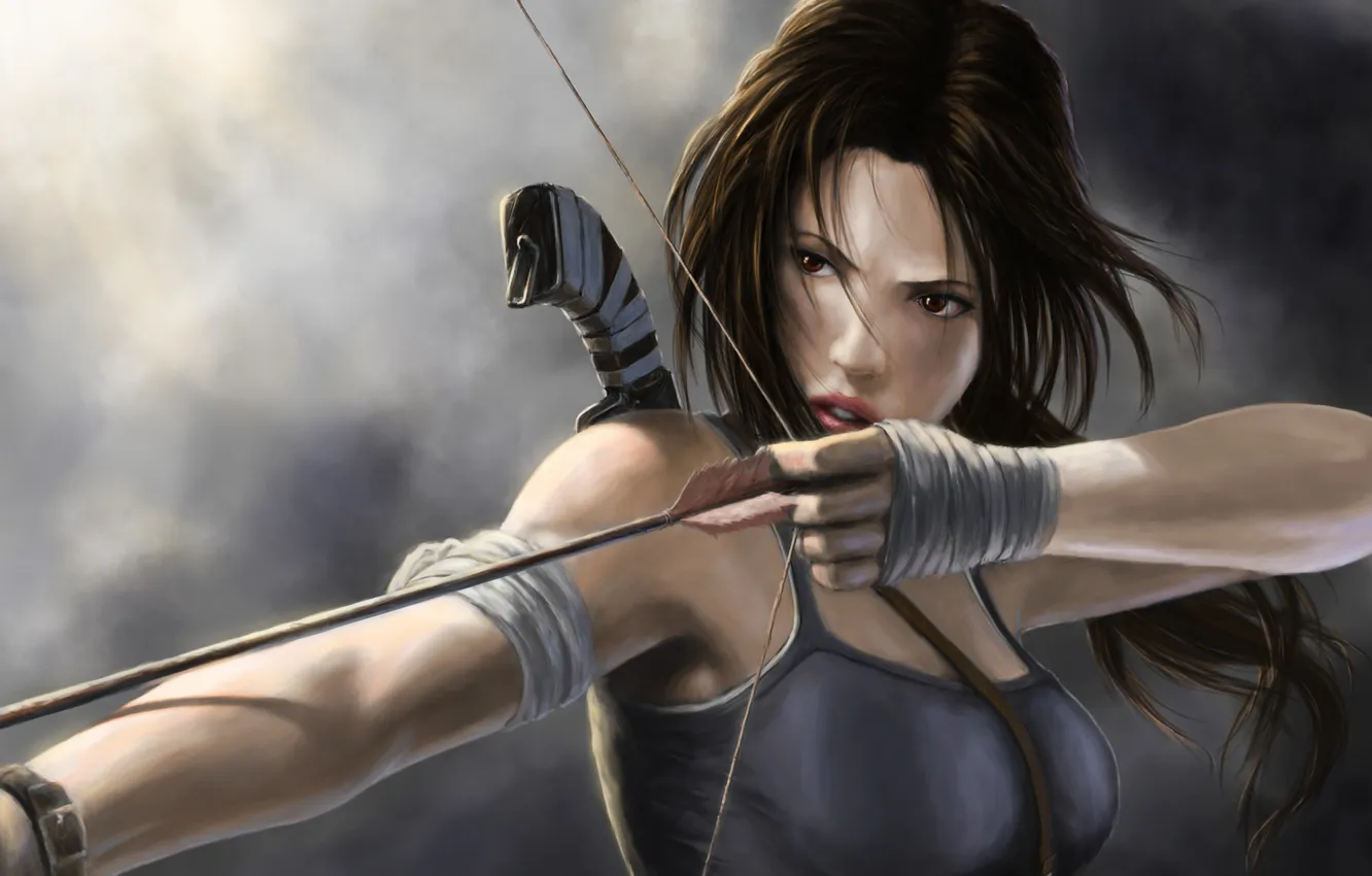 Фото обои взгляд, девушка, лук, арт, стрела, целится, Lara Croft, Tomb raider