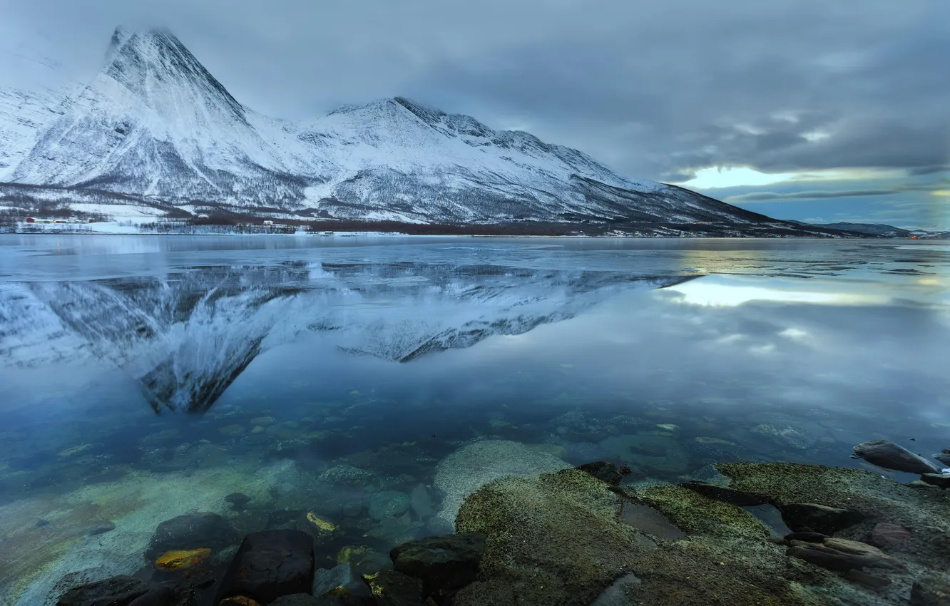 Фото обои зима, вода, снег, озеро, отражение, камни, дно, прозрачная
