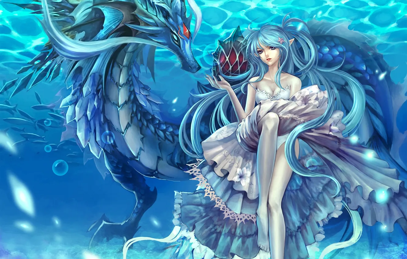 Фото обои девушка, рыбы, пузыри, дракон, эльф, платье, под водой