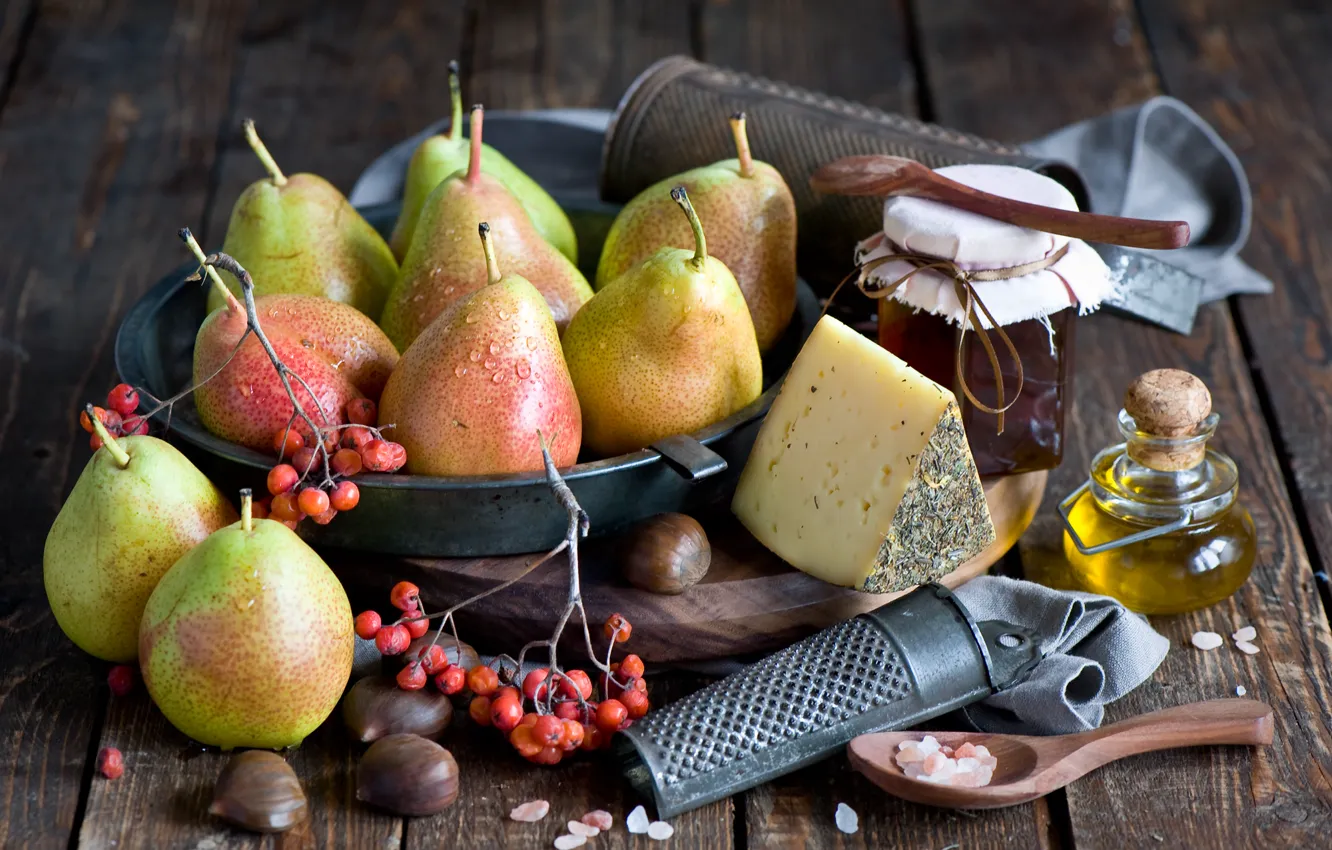 Фото обои масло, сыр, мед, фрукты, натюрморт, груши, баночка, Anna Verdina