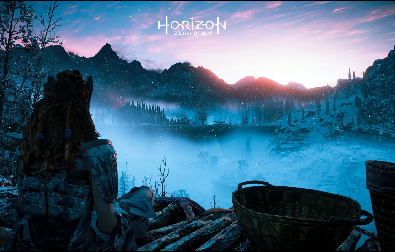 Фото обои game, mountains, sun, Aloy, Horizon Zero Dawn