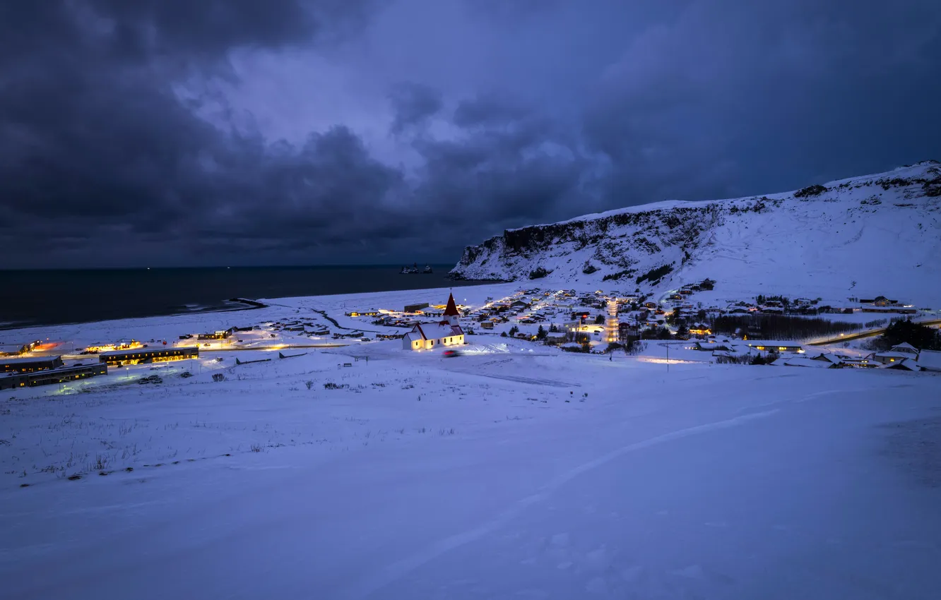 Фото обои зима, море, снег, огни, побережье, вечер, Iceland, Dr. Elliot McGucken