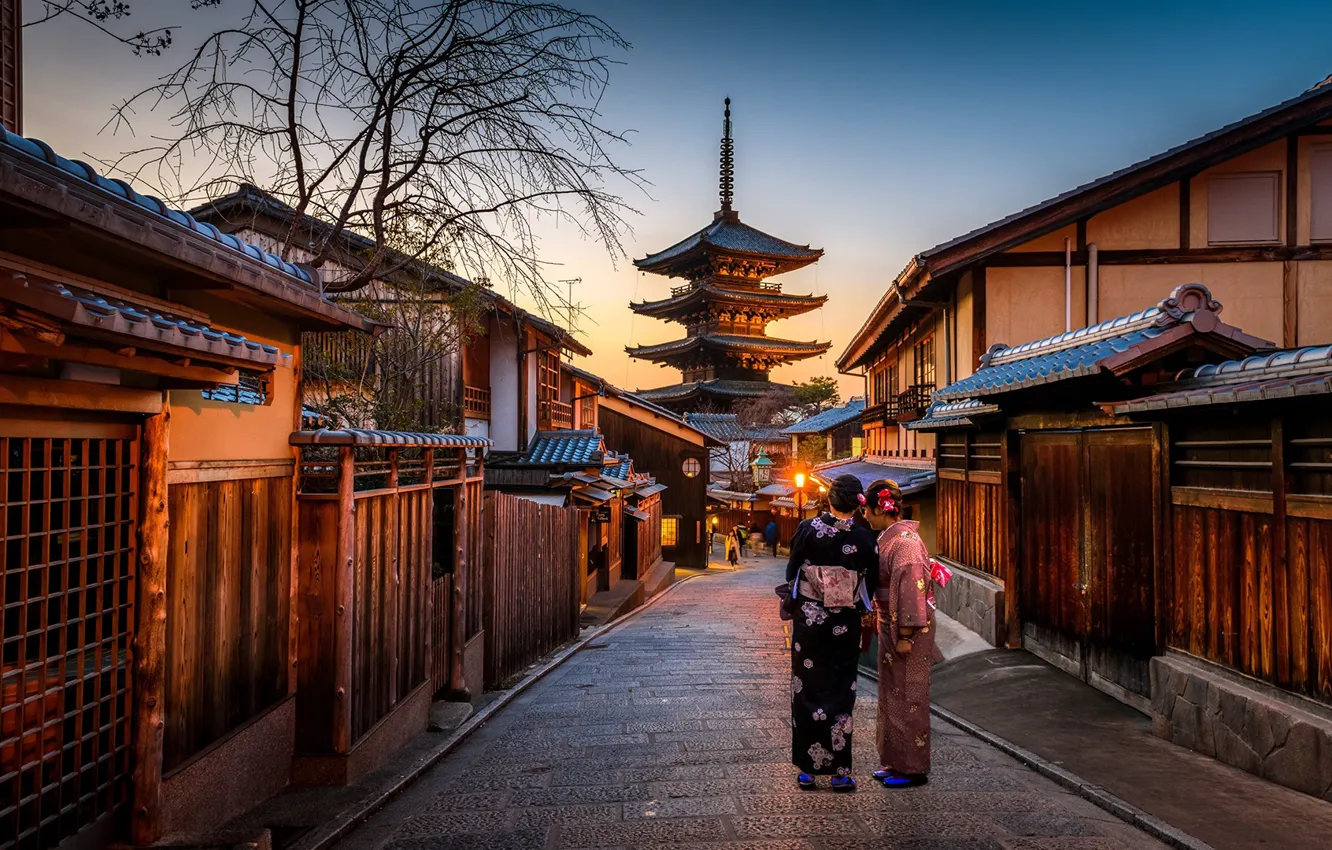 Фото обои city, lights, Japan, twilight, Kyoto, sunset, evening, street