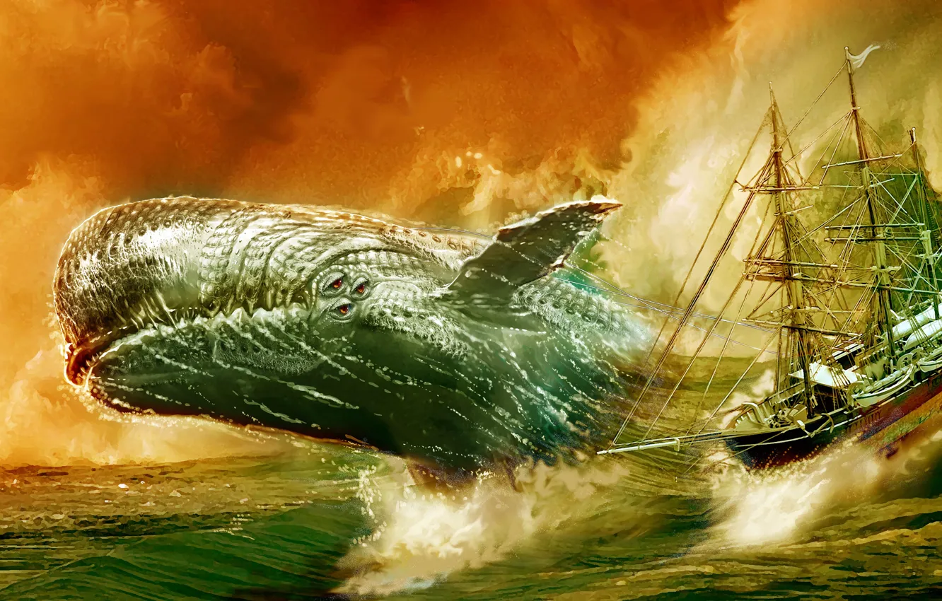 Фото обои море, корабль, кит, art, Моби Дик, Белый кит, Moby Dick
