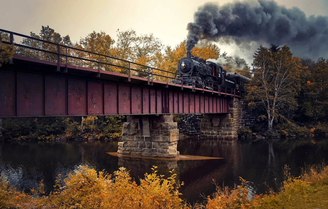 Фото обои осень, мост, поезд