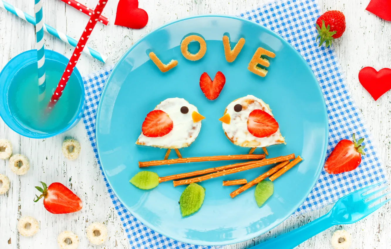 Фото обои завтрак, клубника, напиток, декор, funny, breakfast, Valentines Day, сладкие палочки