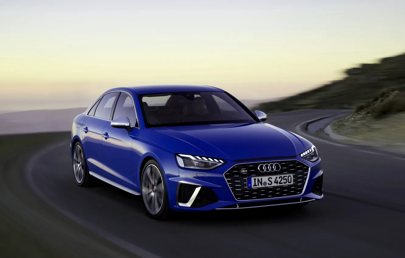Фото обои синий, движение, Audi, седан, Audi A4, Audi S4, 2019