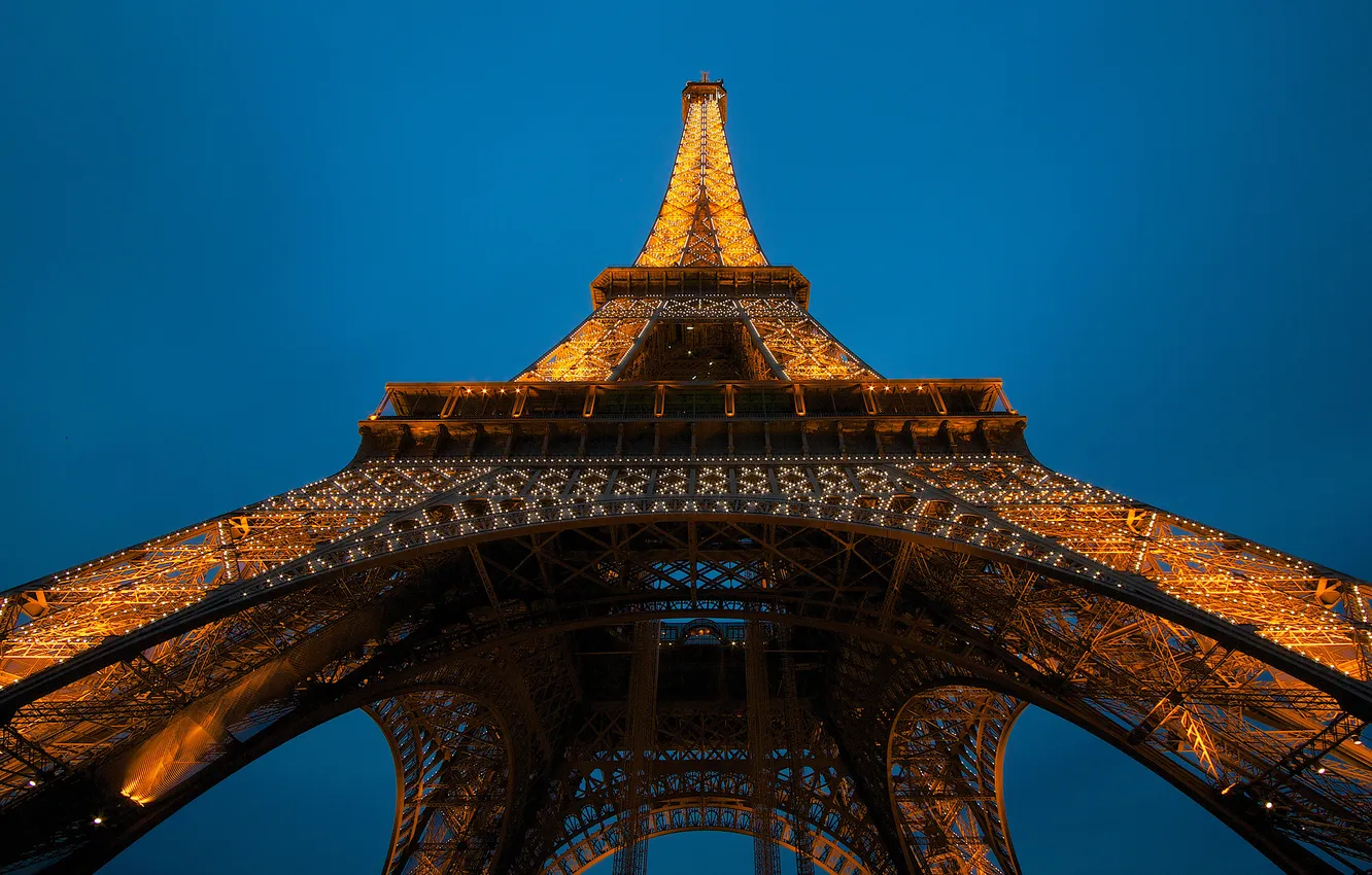 Фото обои свет, город, Франция, Париж, вечер, Эйфелева башня, Paris, France
