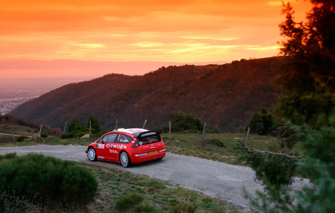 Фото обои Закат, Небо, Красный, Холмы, Citroen, WRC, Rally, Ралли