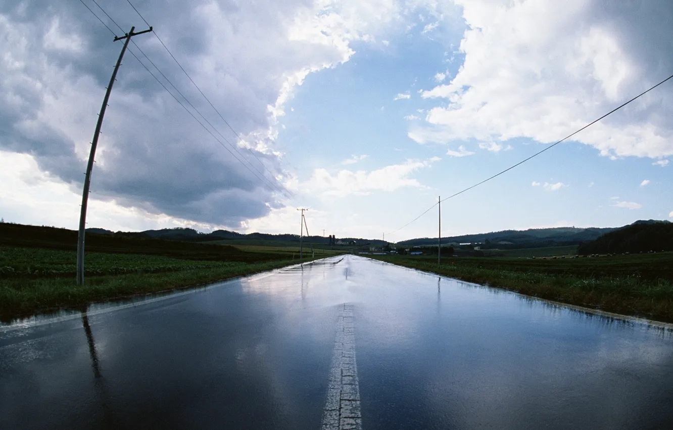 Фото обои вода, дождь, столб, Дорога