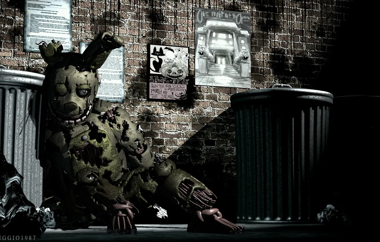 Фото обои игра, кукла, Five Nights At Freddy's, мусорные баки, Пять ночей у Фредди