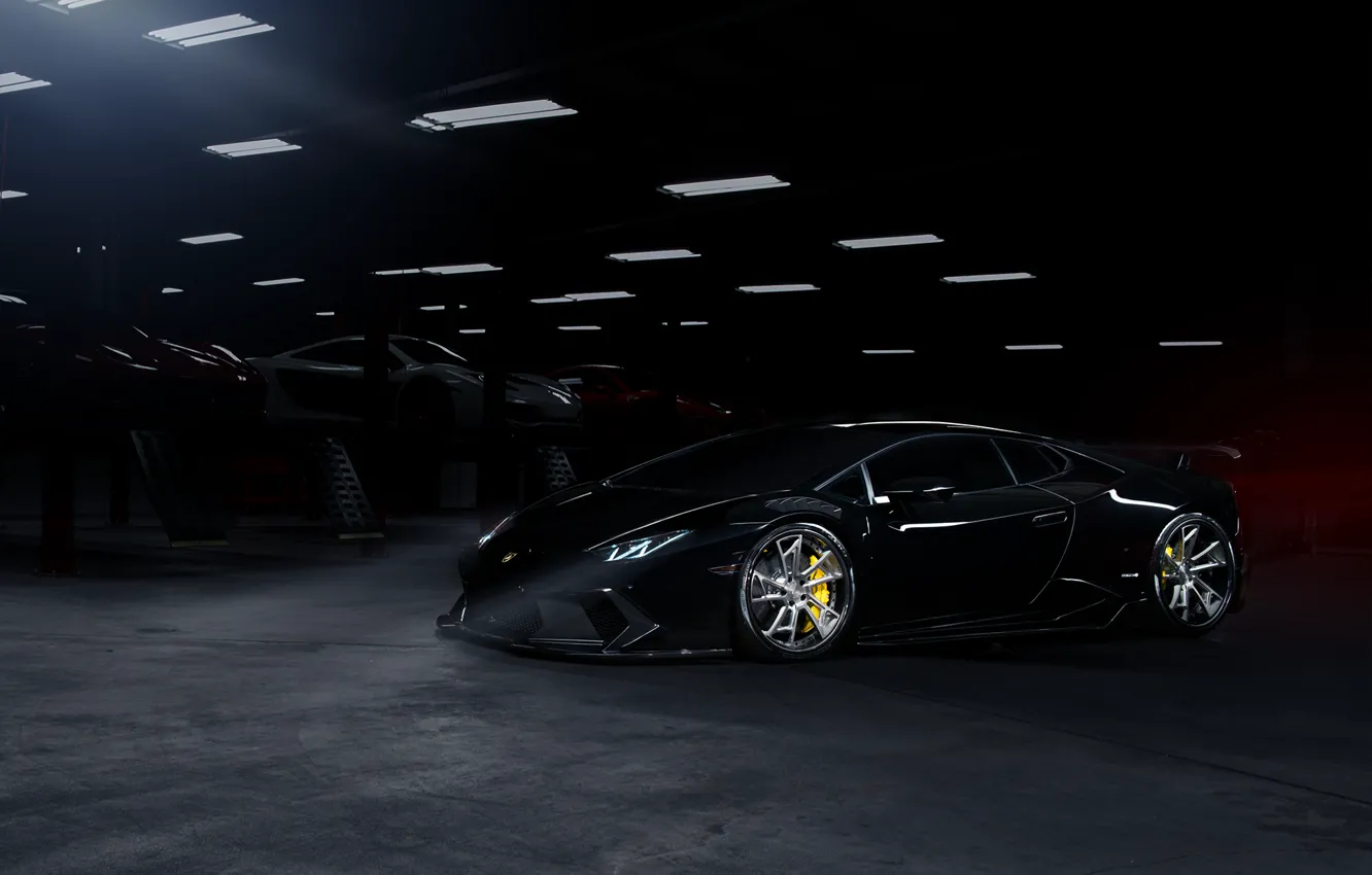 Фото обои Lamborghini, Dark, Front, Black, Color, Supercar, Wheels, Garage