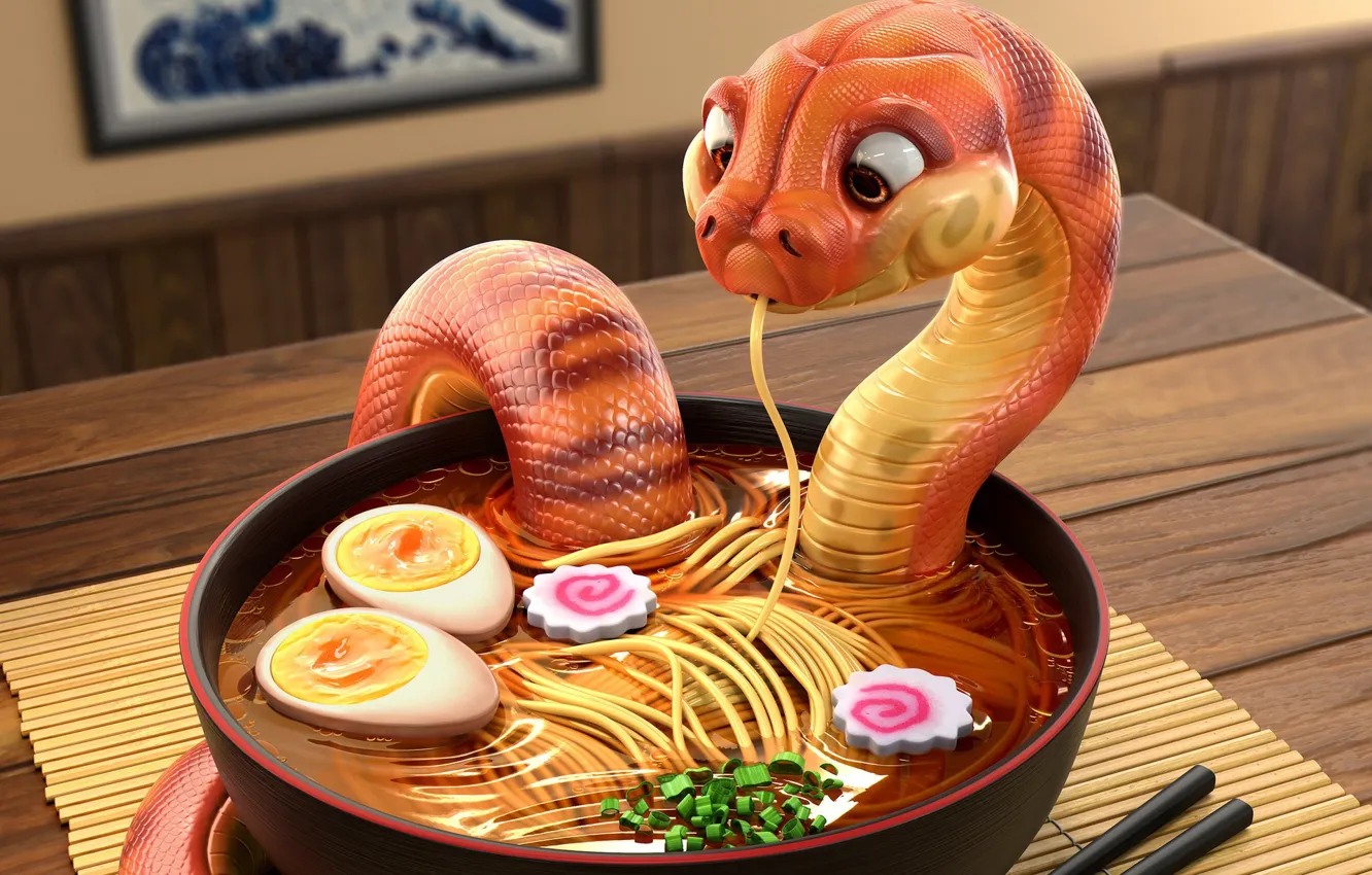 Фото обои еда, змея, арт, суп, ресторанчик, лапша, Snake - Danger Noodles, Michael Santin