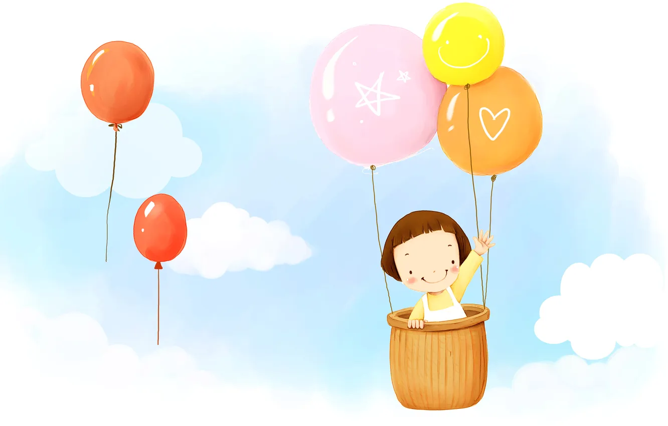 Фото обои облака, улыбка, воздушный шар, фантазия, корзина, девочка, полёт, детские обои