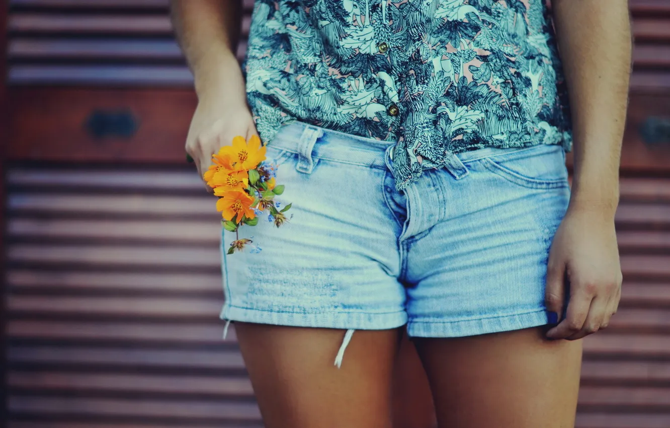 Фото обои девушка, цветы, шорты