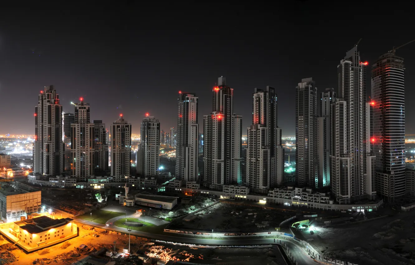 Фото обои ночь, огни, стройка, здания, Дубаи