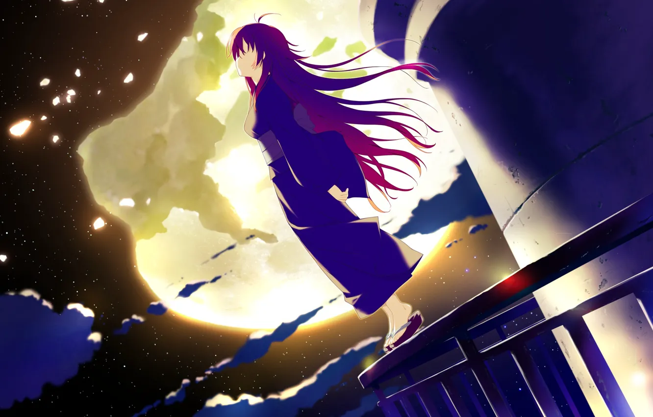 Фото обои кимоно, полнолуние, длинные волосы, на крыше, звездная ночь, visual novel, гета, irotoridori no sekai