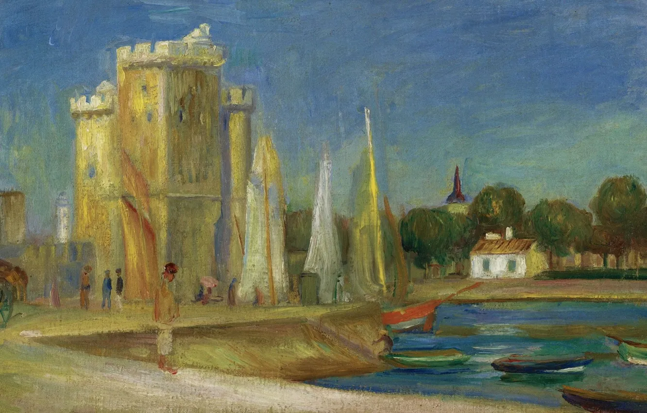 Фото обои пейзаж, лодка, башня, картина, парус, Порт Ла-Рошель, Пьер Огюст Ренуар, Pierre Auguste Renoir