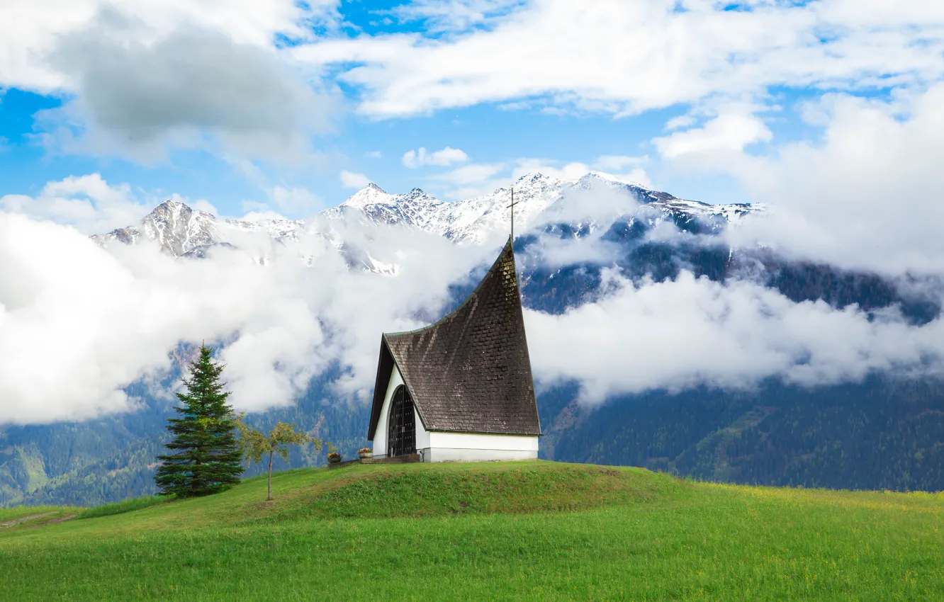 Фото обои небо, облака, снег, пейзаж, горы, природа, ель, Австрия