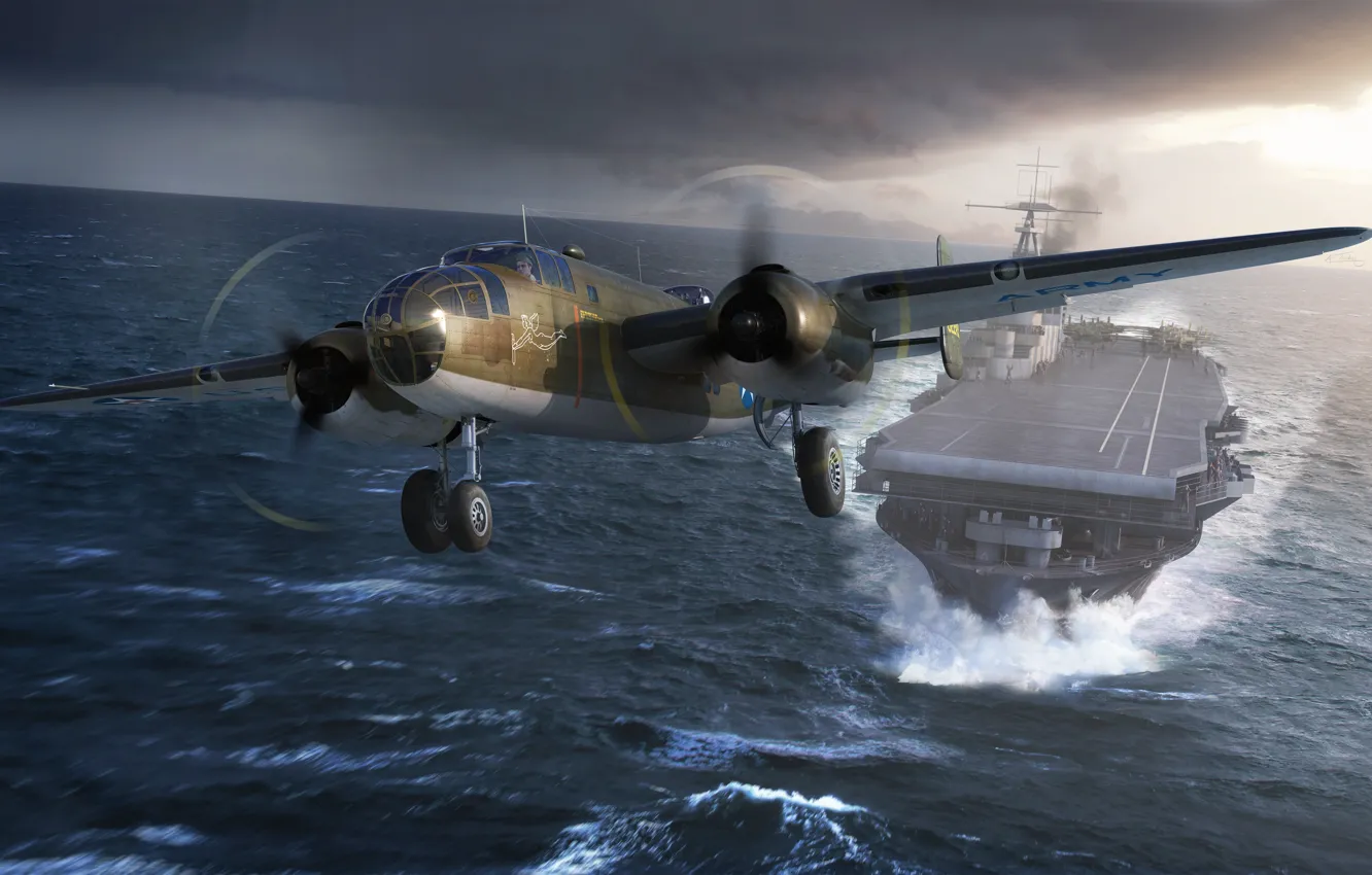 Фото обои Бомбардировщик, Авианосец, B-25, Рейд Дулиттла