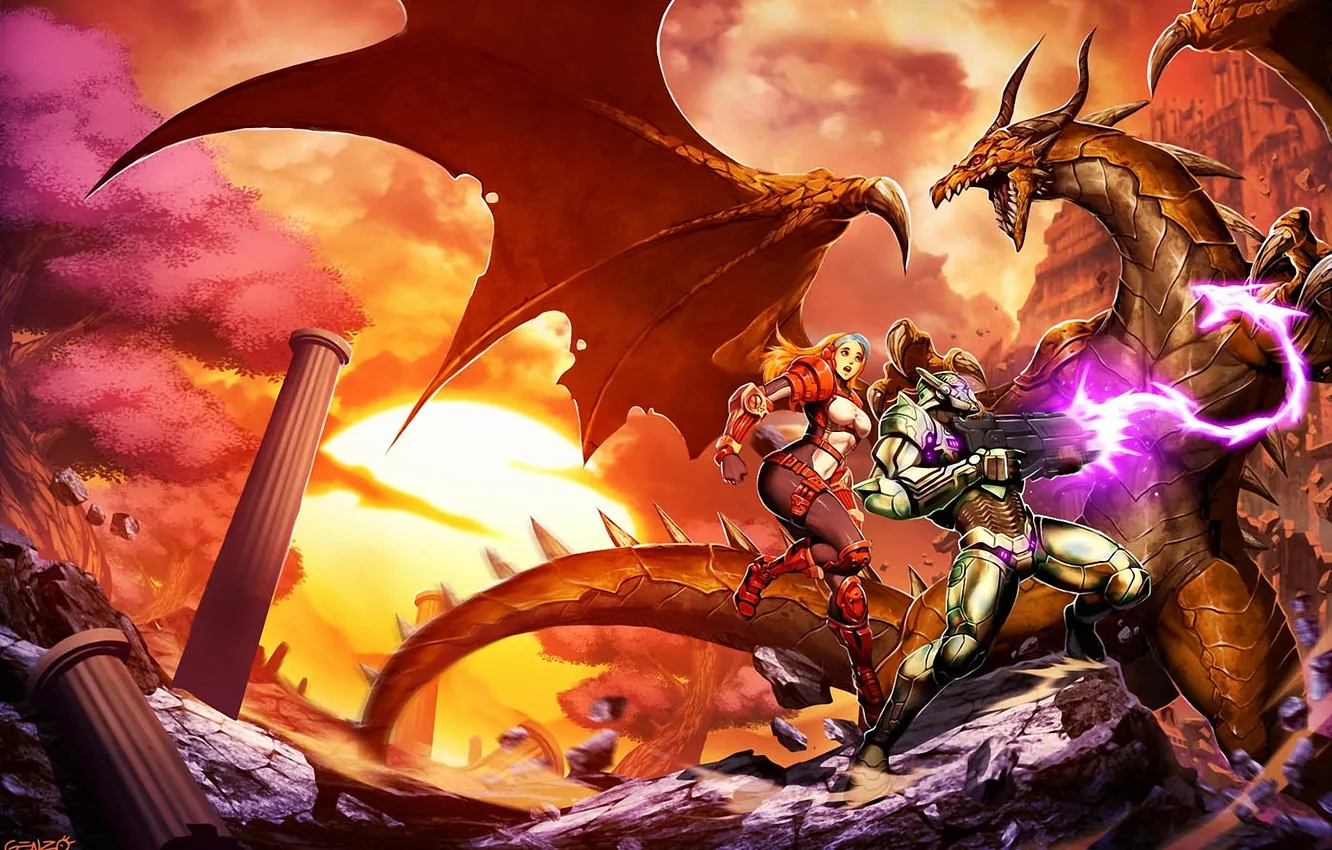 Фото обои девушка, закат, камни, оружие, дракон, мужик, колонны, битва