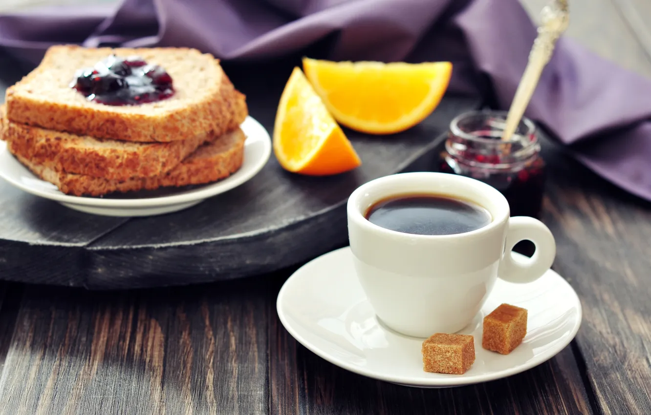 Фото обои кофе, апельсин, еда, завтрак, хлеб, чашка, сахар, ломтики