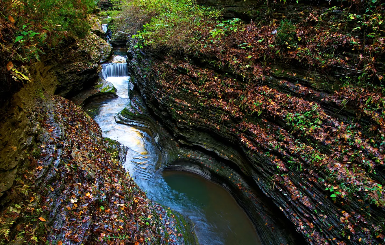 Фото обои река, скалы, водопад, поток, ущелье