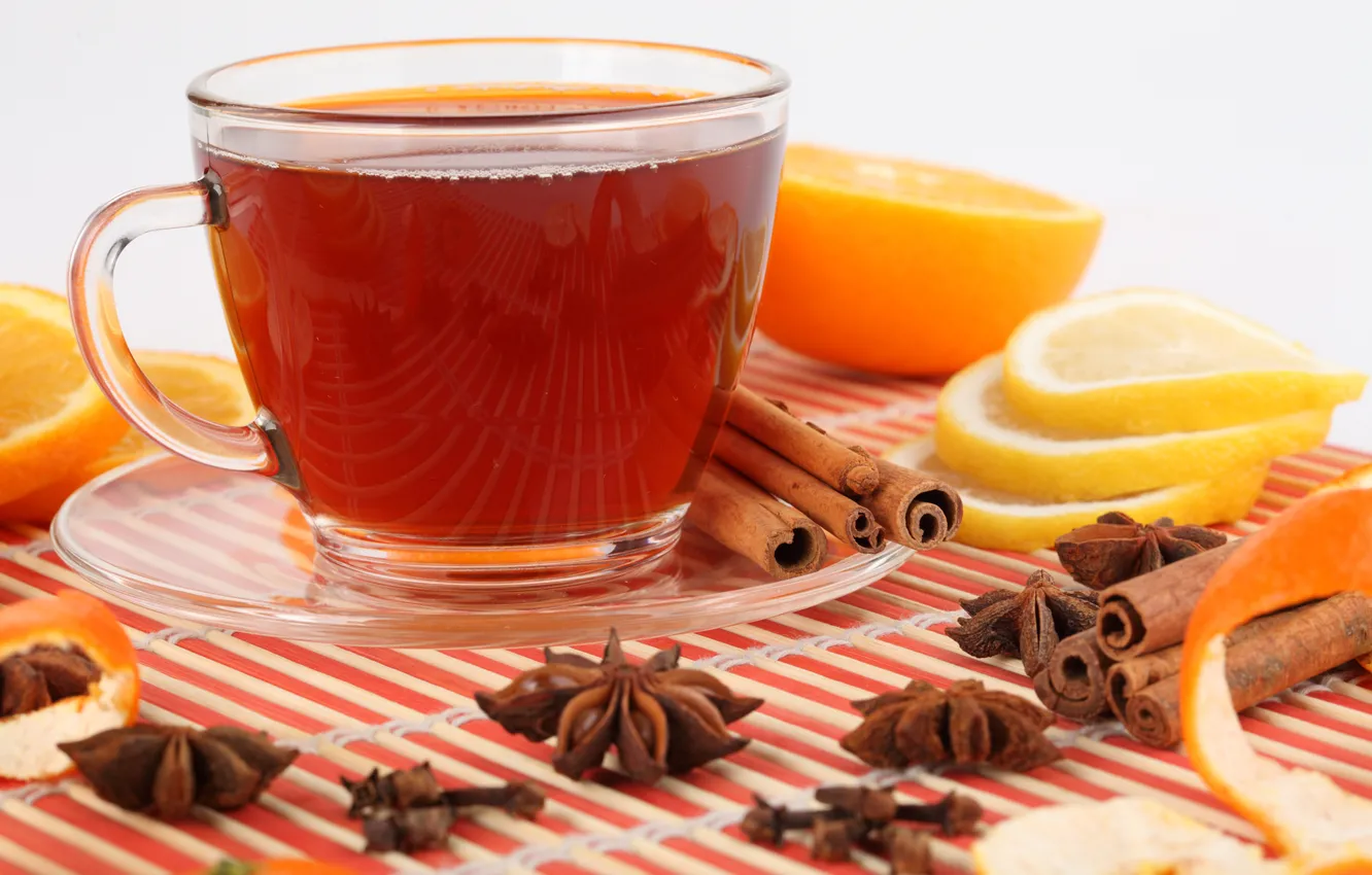 Фото обои отражение, лимон, чай, апельсин, чашка, напиток, корица, блюдце
