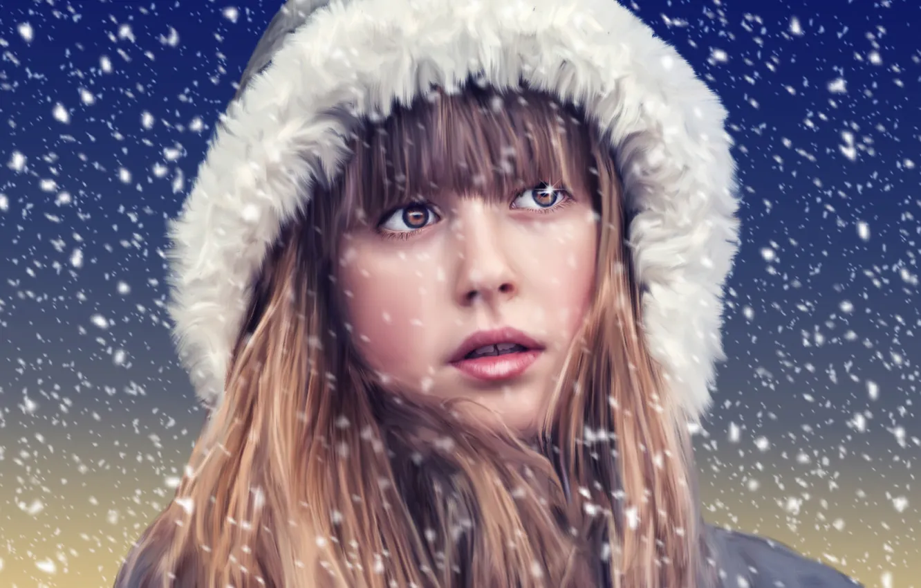 Фото обои снег, лицо, портрет, капюшон, девочка