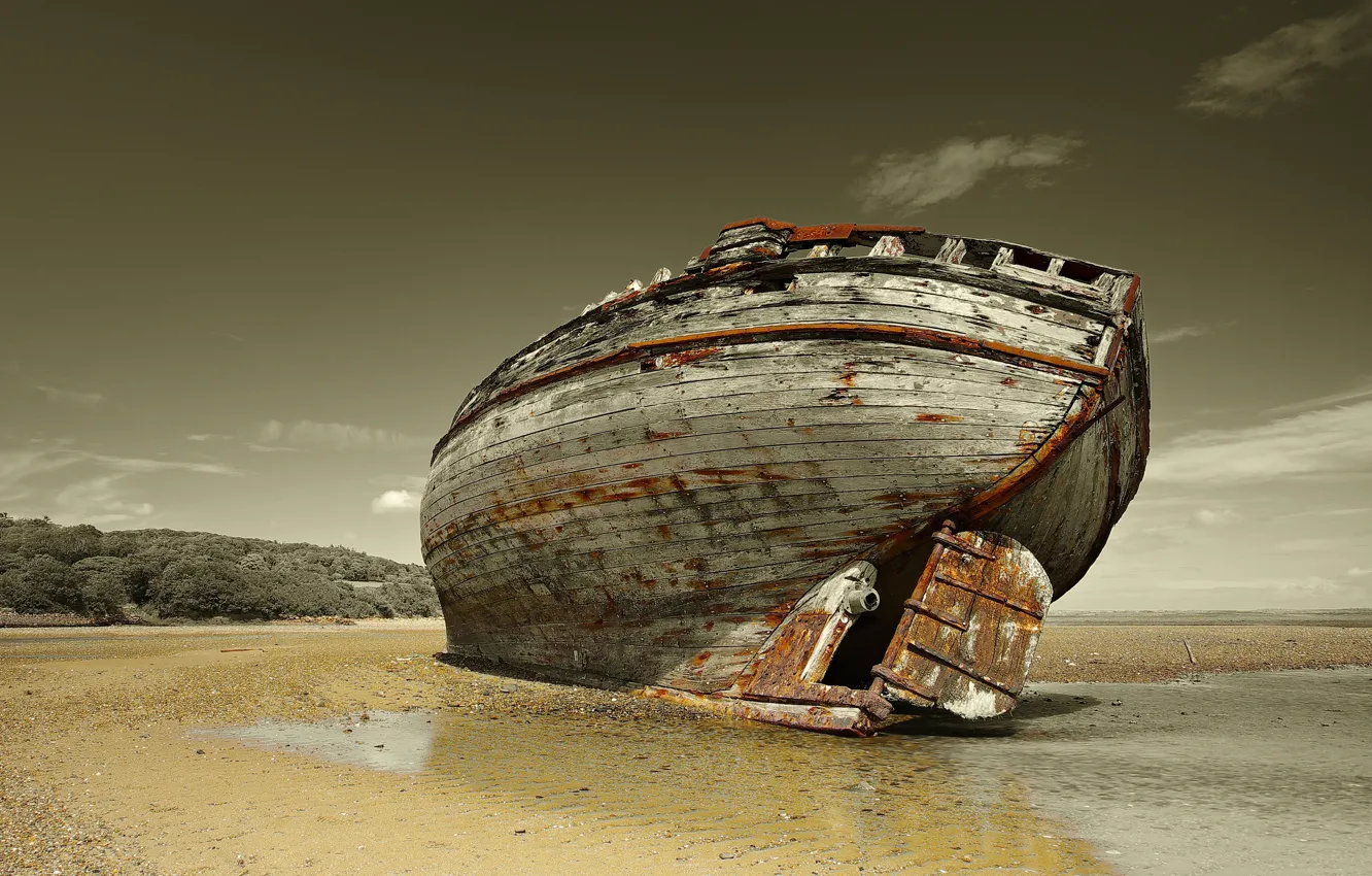 Фото обои coast, wood, shore, ship, boat, stranded