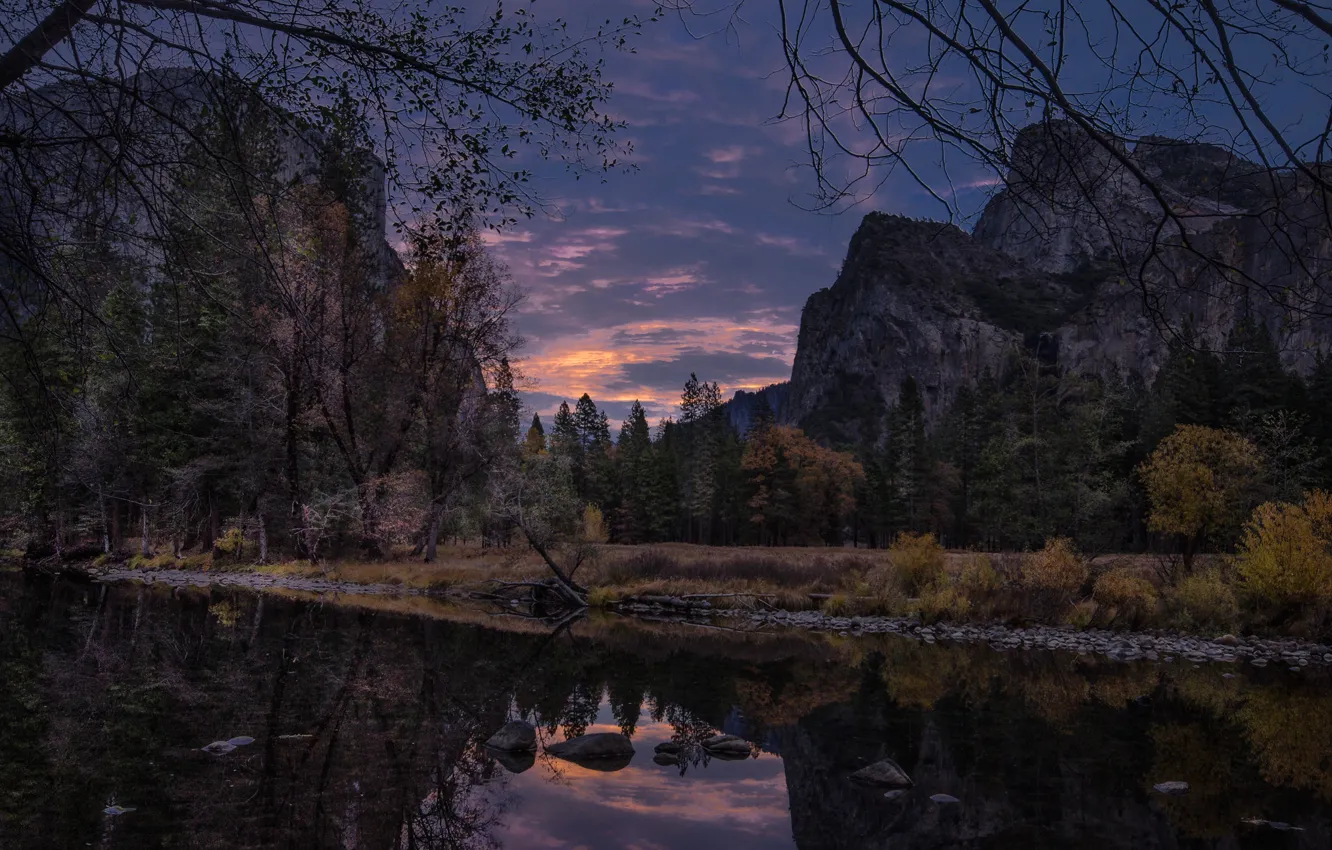 Фото обои осень, лес, деревья, горы, река, вечер, Калифорния, США