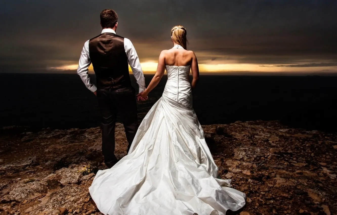 Фото обои закат, невеста, жених