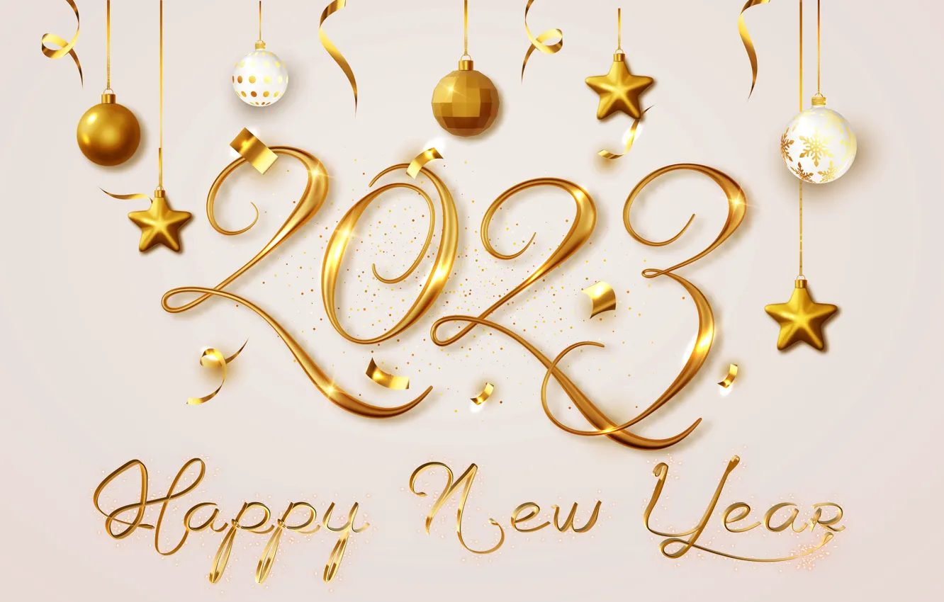 Фото обои золото, шары, Новый Год, цифры, golden, happy, balls, New Year