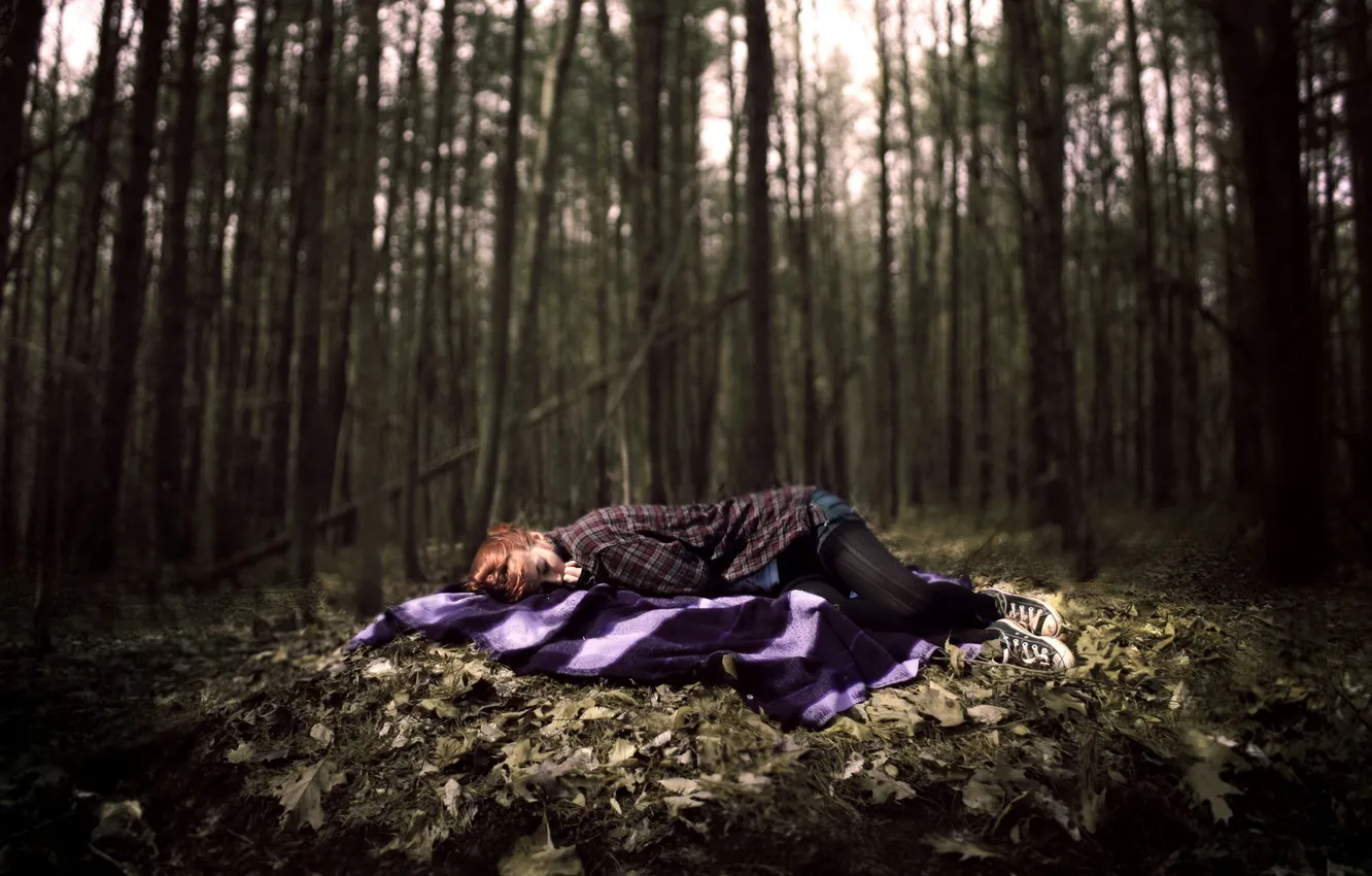 Фото обои лес, девушка, одиночество, настроение