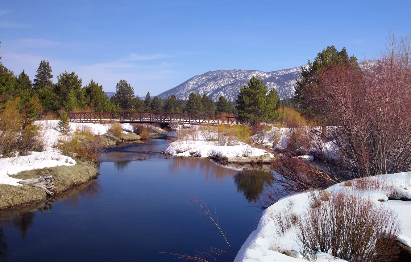 Фото обои зима, природа, река, мостик
