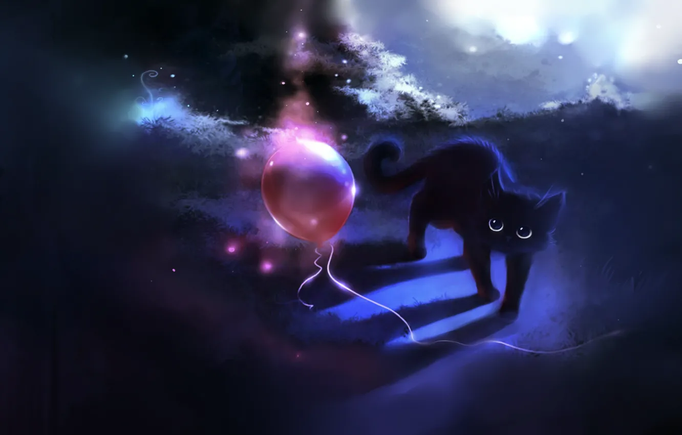 Фото обои кошка, рисунок, шар, cat, apofiss, воздушный шарик