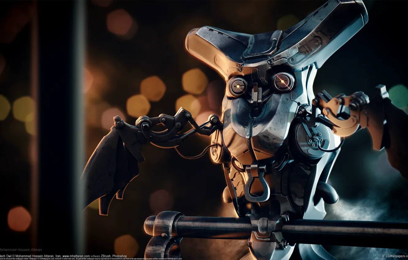 Фото обои сова, робот, механика, Mohammad Hossein Attaran, механическая сова, Mech Owl
