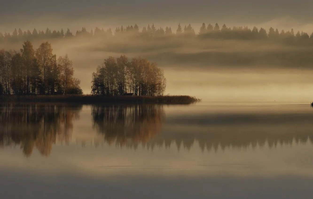 Фото обои осень, туман, озеро, лодка