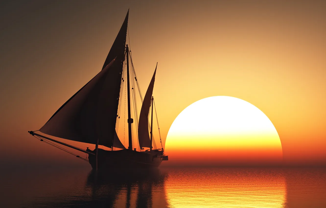 Фото обои sky, sea, sunset, sun, romantic, beauty, orange, boat