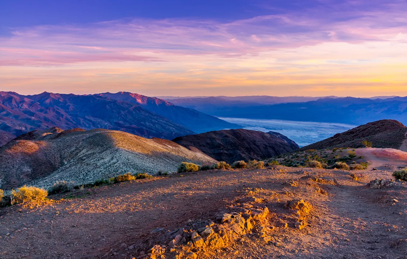 Фото обои небо, солнце, горы, долина, панорама, США, Death Valley National Park, возвышенность