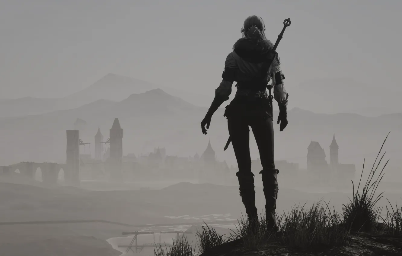 Фото обои Девушка, Туман, Меч, Оружие, The Witcher, CD Projekt RED, The Game, The Witcher 3: Wild …