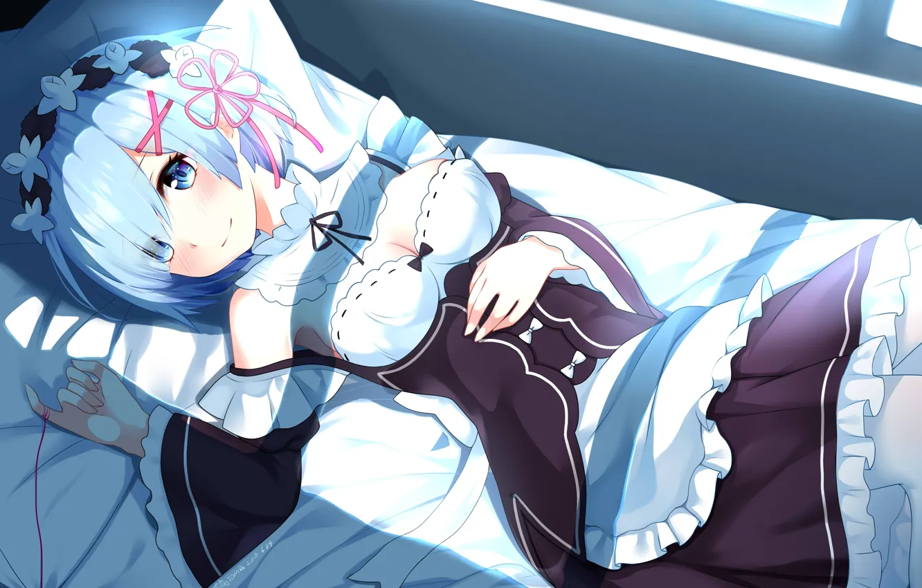 Фото обои девушка, кровать, демон, лежит, anime, горничная, art, смущение