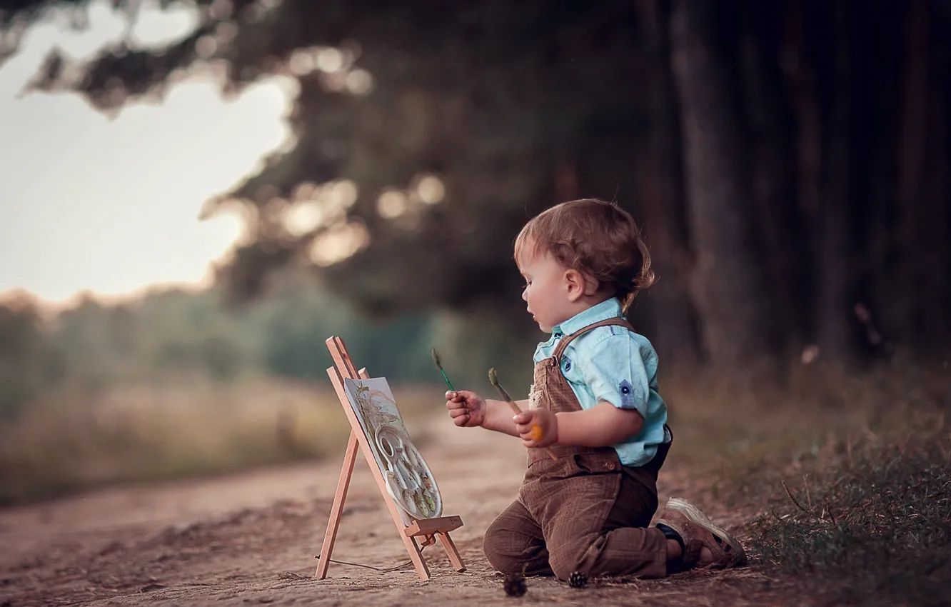 Фото обои природа, мальчик, малыш, дорожка, художник, ребёнок, мольберт, Анна Ипатьева