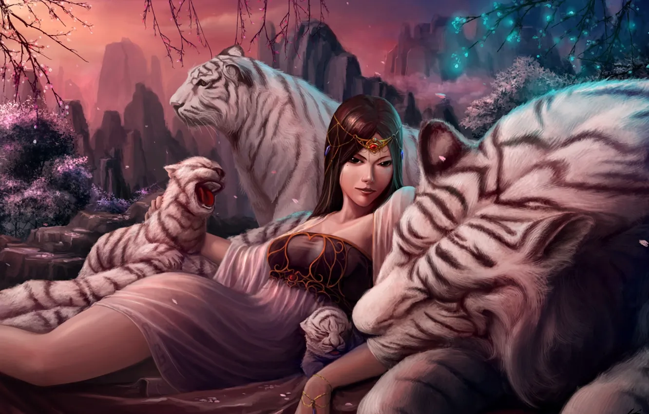 Фото обои белый, девушка, украшения, горы, тигр, дерево, скалы, ветка