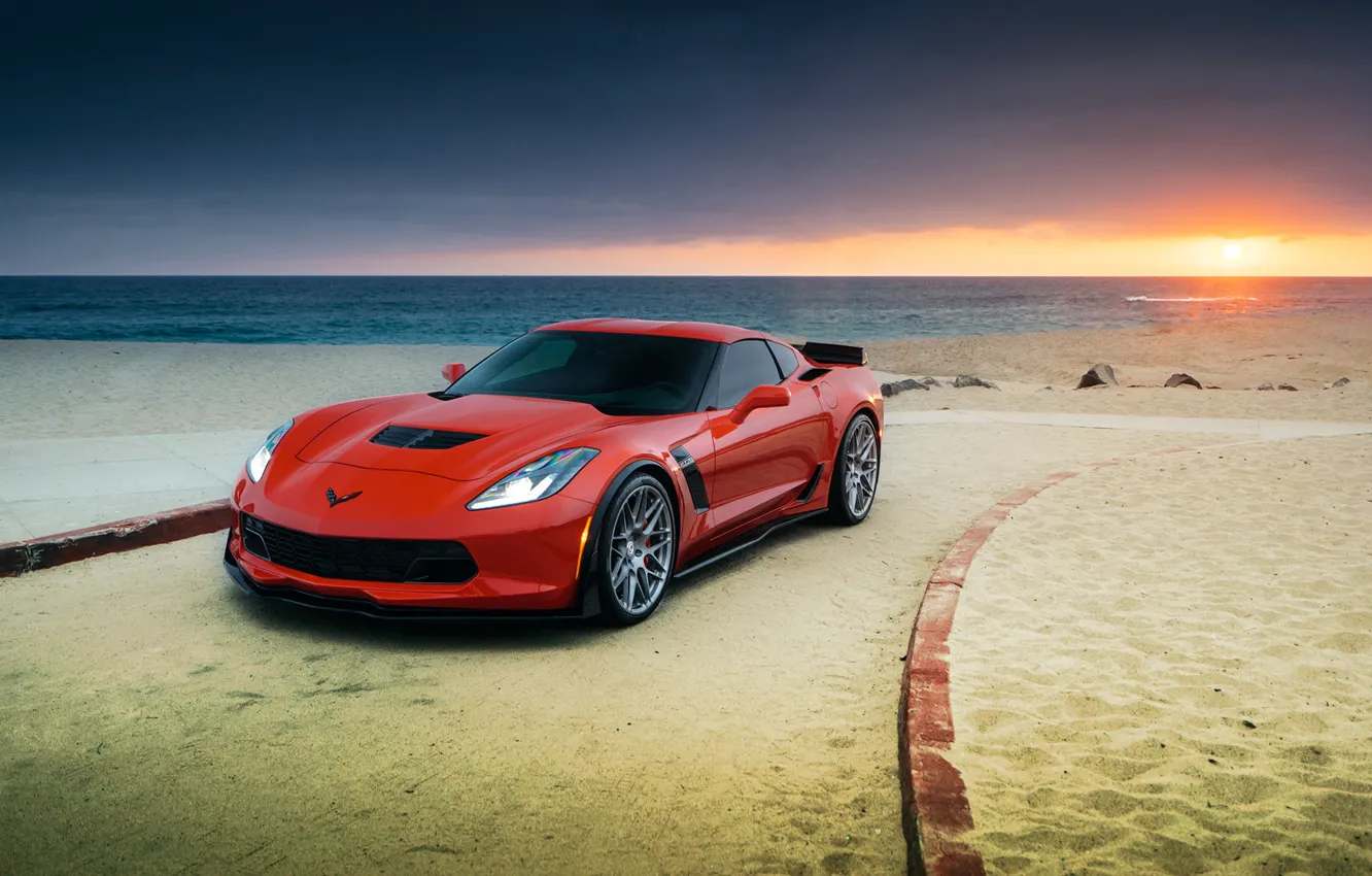 Фото обои car, пляж, Z06, Corvette, Chevrolet, red, набережная