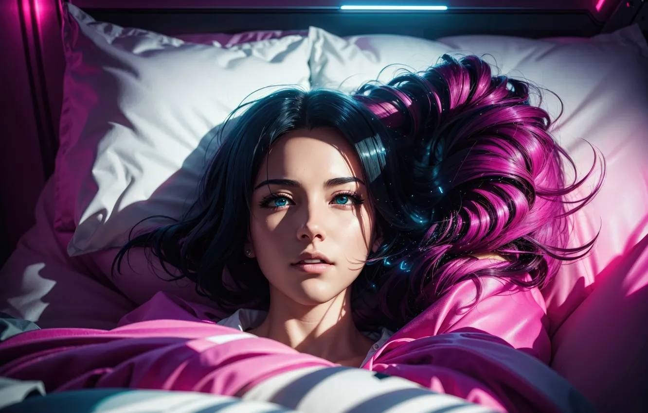 Фото обои девушка, мечты, улыбка, красота, брюнетка, постель, girl, smile