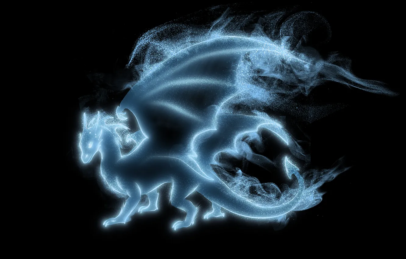 Фото обои дракон, крылья, рога, черный фон