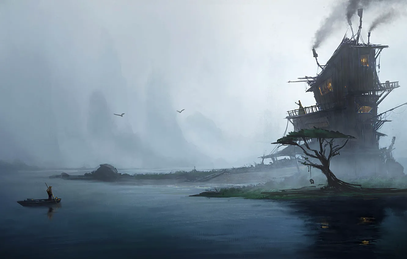 Фото обои туман, дом, люди, дерево, лодка, арт, Emmanuel Shiu